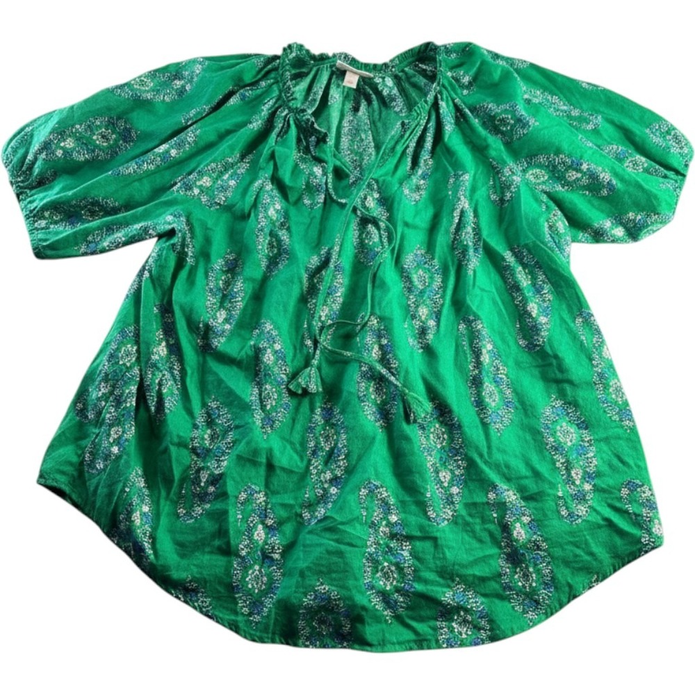 Knox Rose XXL Green Paisley Cotton Blouse Tassel Tie Short Puff Sleeve Top